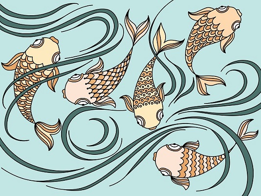 Illustration with floating fish in the sea